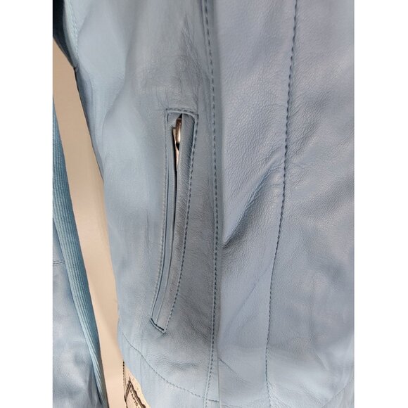 VEDA Asymmetrical Zip Leather Moto Jacket, Sky Blue, Women’s Size Medium - Picture 9 of 13